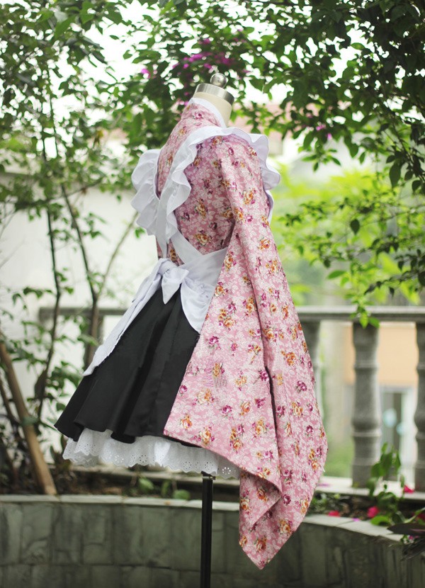 改良振袖　メイド服　和風図案　純綿製　メイドcos衣装　コスプレ和風メイド 