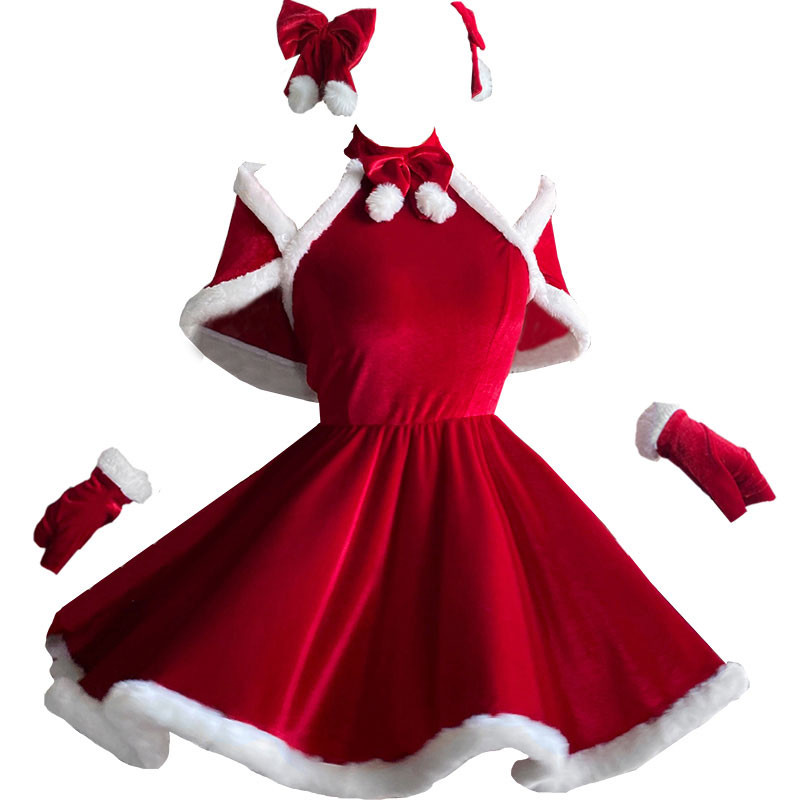 サンタメイド服　赤色　女性　可愛い　マント付け　ワンピース　4点セット　クリスマスコスプレ