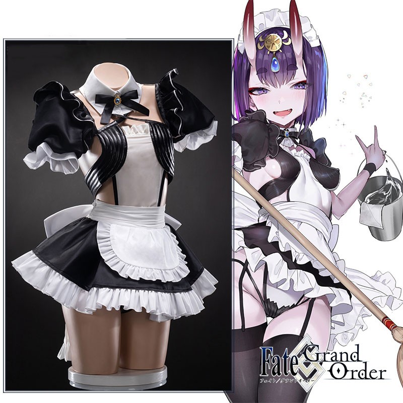 コスプレ衣装　Fate/Grand Order フェイトグランドオーダー FGO 酒呑童子　 メイド服　コスプレ衣装 全セット 角 髪飾り ウィッグ