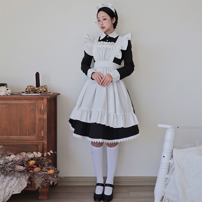 長袖　クラシック黒白　カフェメイド服　膝丈　和風　可愛い　ワンピース