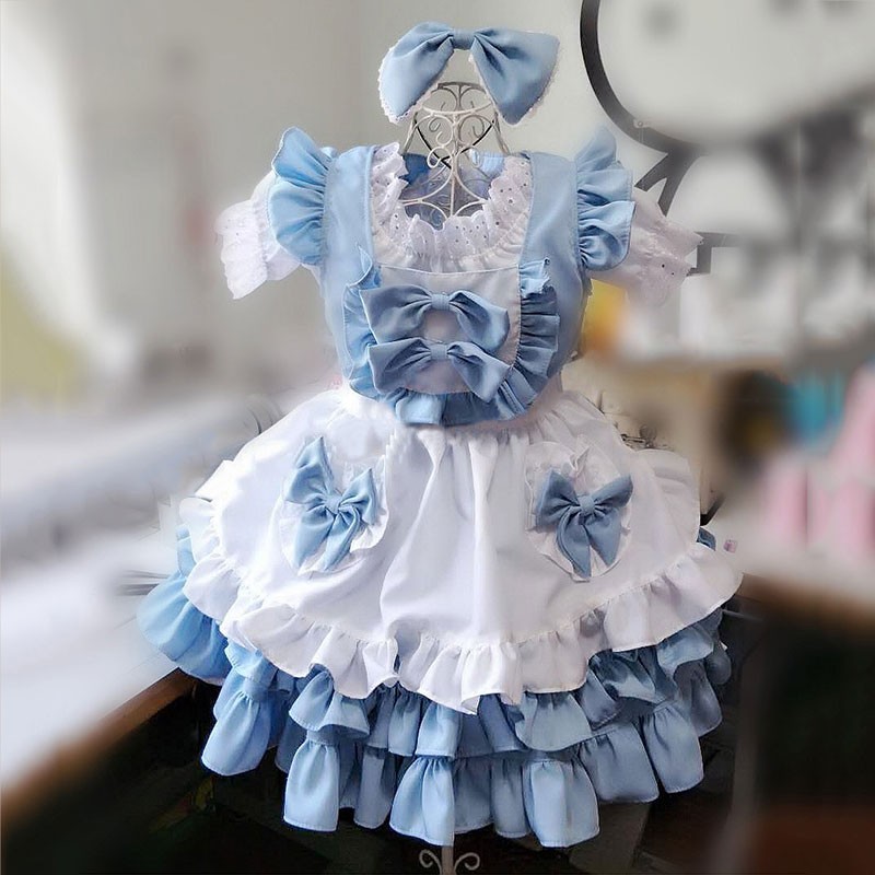 メイド服　青色　荷葉フリル　4点セット　スカート　コスプレ衣装　Lolita