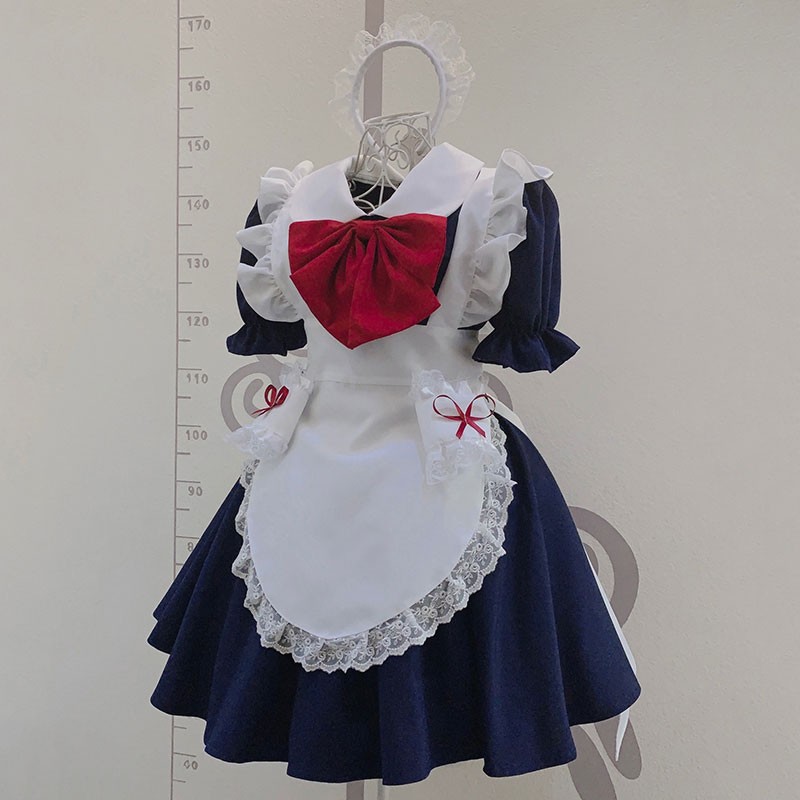 白色レース　姫風　メイド服　白色荷葉フリル　エプロン　ブルーワンピース