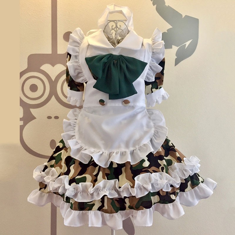 迷彩風　メイド服　白色エプロン＋迷彩色ワンピース　