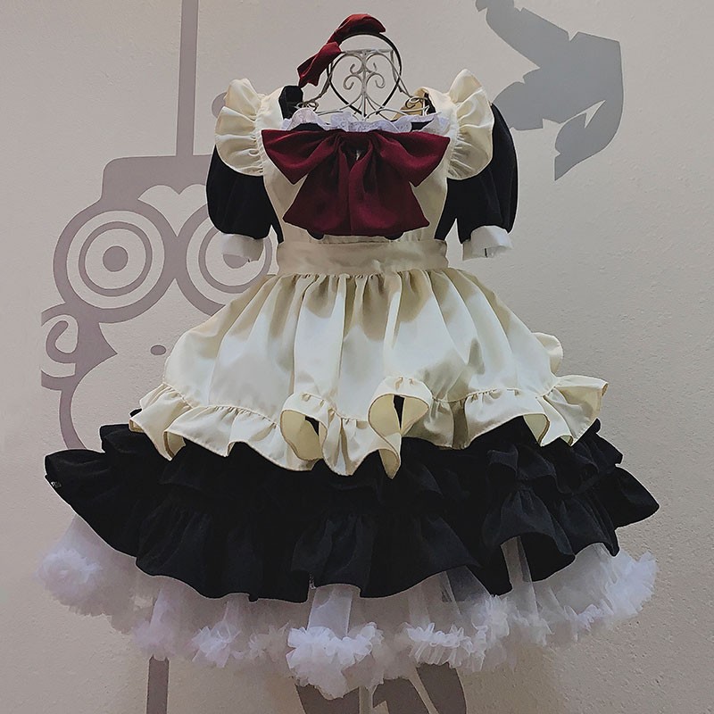 大人気メイド服　クラッシクの色　黒色＋薄い黄色＋赤色　豪華セット　コスプレ用メイド服