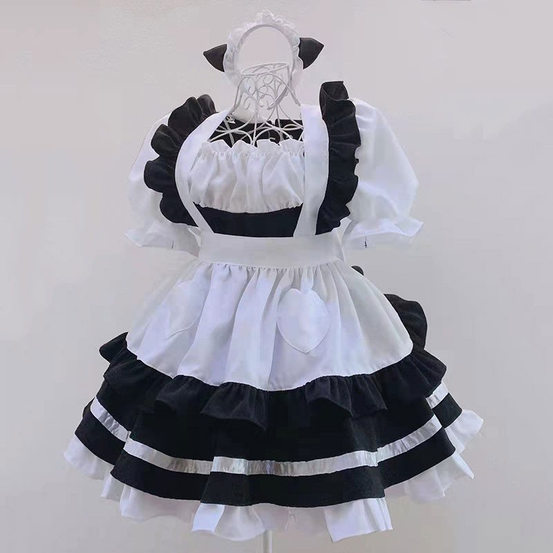 黒白クラッシクメイド服　ショート丈　胸元ギャザー　ワンピース