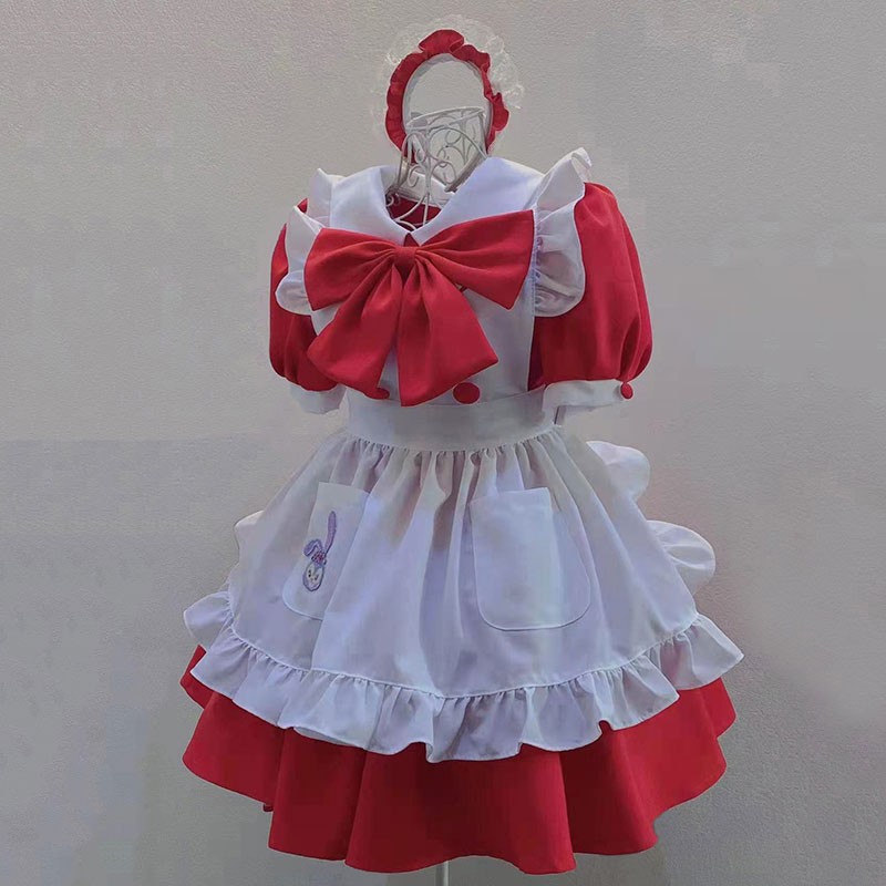 赤色　カフェメイド服　シンプル　ポケット付きエプロン　可愛いスカート