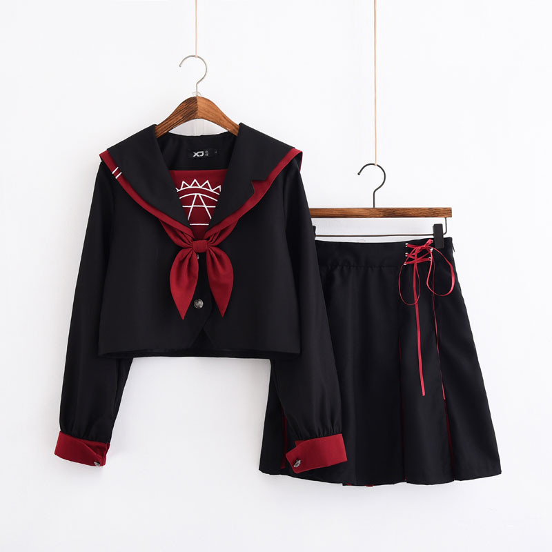 制服　jk　コスプレ衣装　日常風　セーラー服　蝶ネクタイ　黒赤　不良風 ブラウス 半袖 長袖