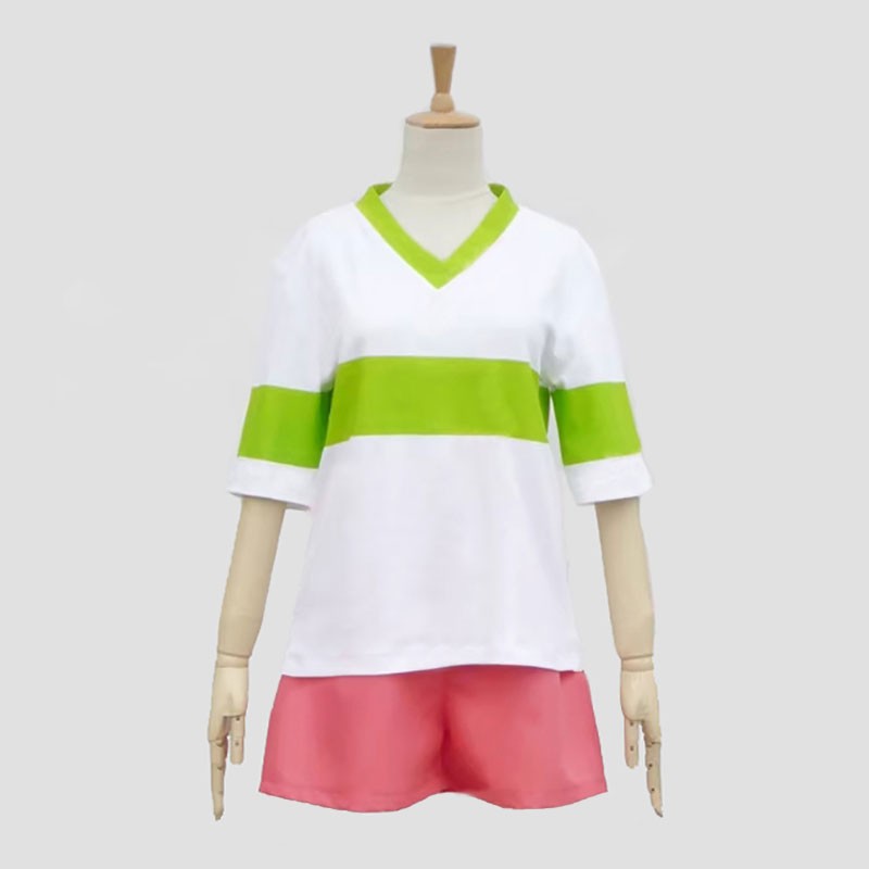 千と千尋の神隠し 荻野千尋 コスプレ衣装 白と黄緑の横縞のシャツ ピンクの半ズボン 日常服 宮﨑駿 アニメコス服