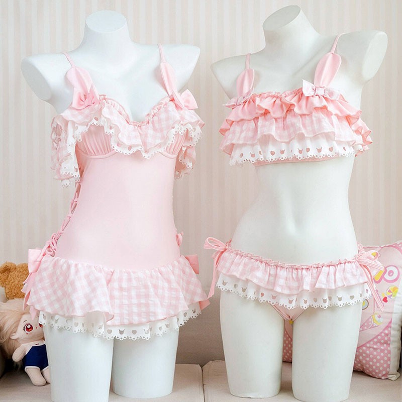 フリルたっぷり?ガーリーギンガムチェック ピンクセパレート＆ワンピース水着セット コスプレ衣装?ロリータ風スイムウェア