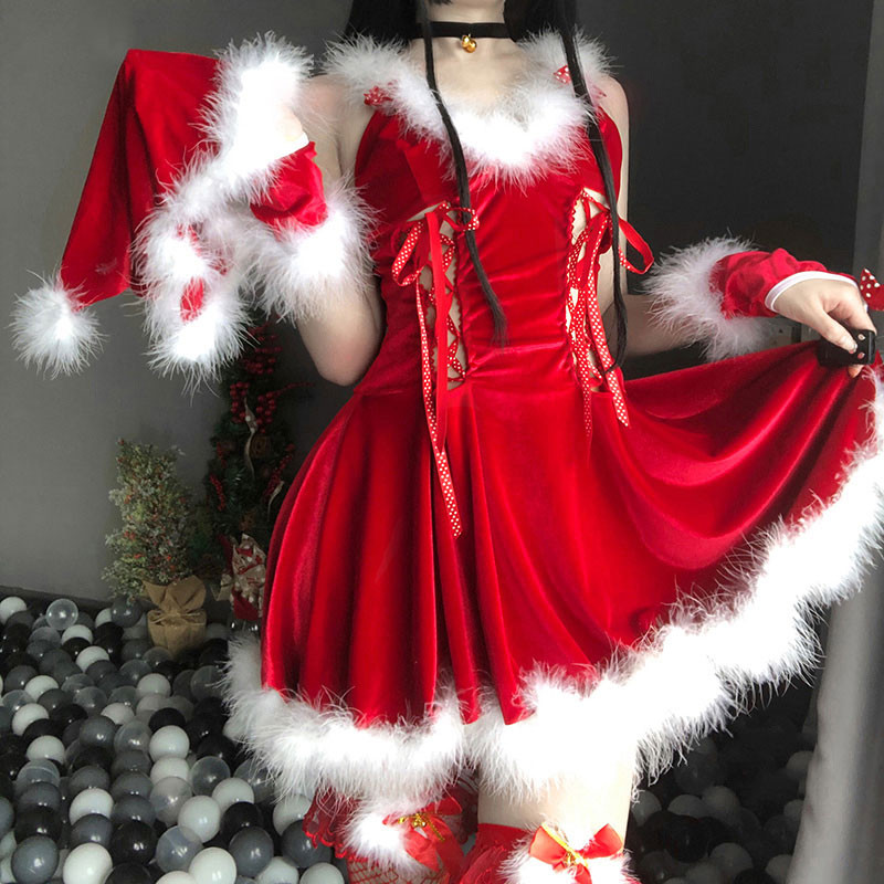 女性クリスマス　サンタコスプレ　紐リボン　赤色網ソックス付け　セクシー　豪華セット