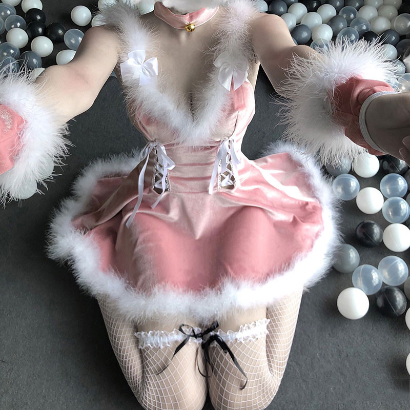 女性クリスマス　サンタコスプレ　ｖ襟　紐リボン　白網ソックス付け　セクシー　豪華セット