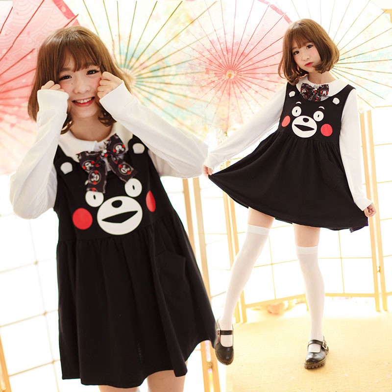 くまモン　顔　黒　日常風　女子スカート　萌え萌え　超可愛！くまモン　KUMAMON 　ワンピース　吊りスカート