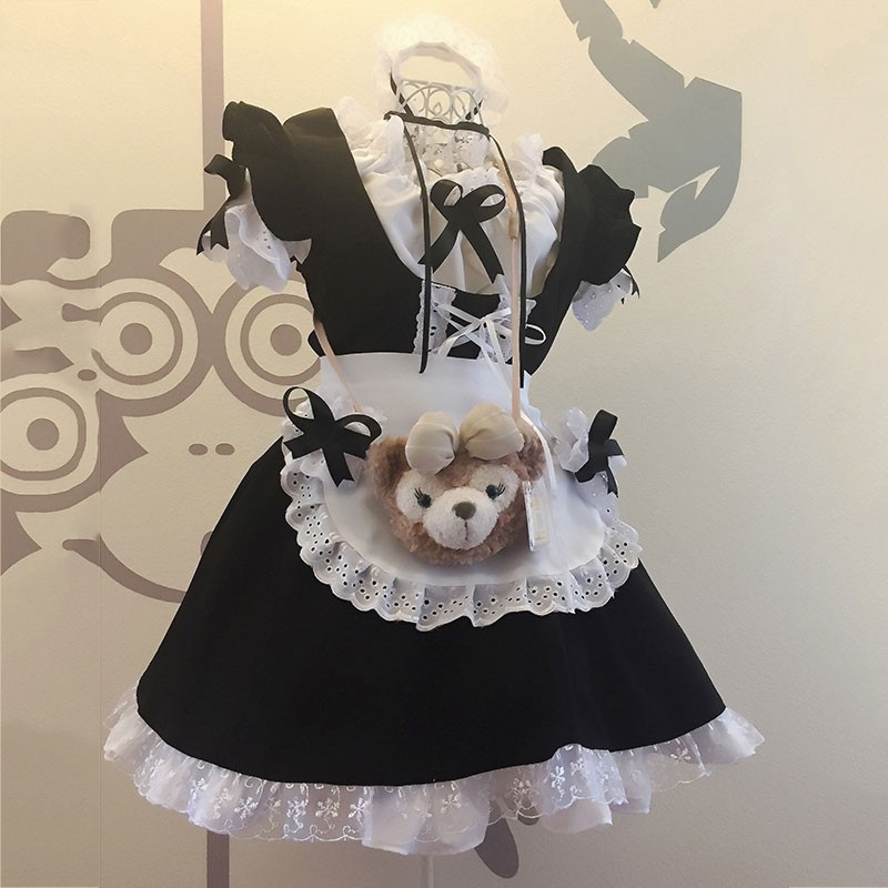 メイド服　黒白　荷葉フリル　6点セット　スカート　コスプレ衣装　Lolita