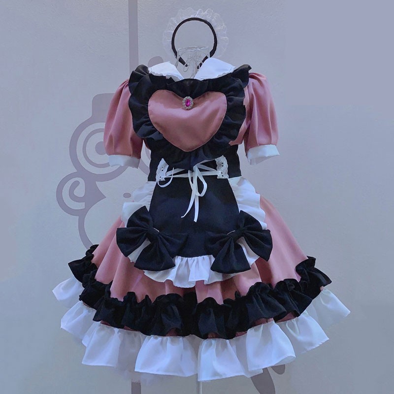 メイド服　黒色＋ピンク　ハートエプロン　4点セット　キュートワンピース