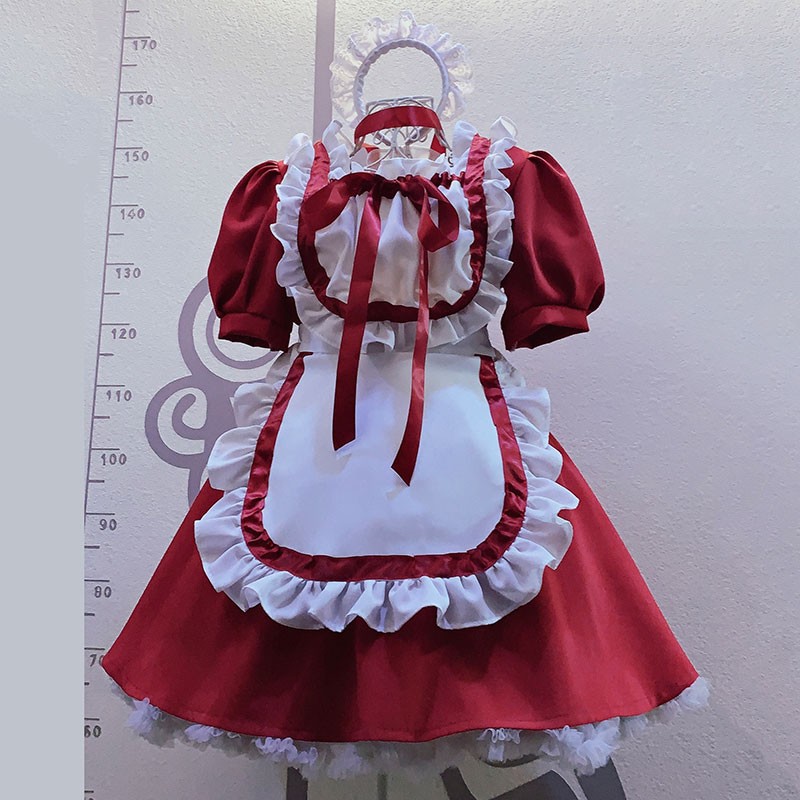 クリスマス．ハロウィン　メイド服　赤色ワンピース　白＋赤エプロン