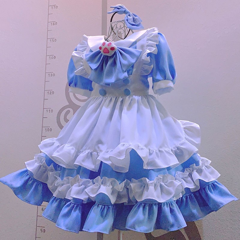 大人気メイド服　ネコの手飾り　青色スカート