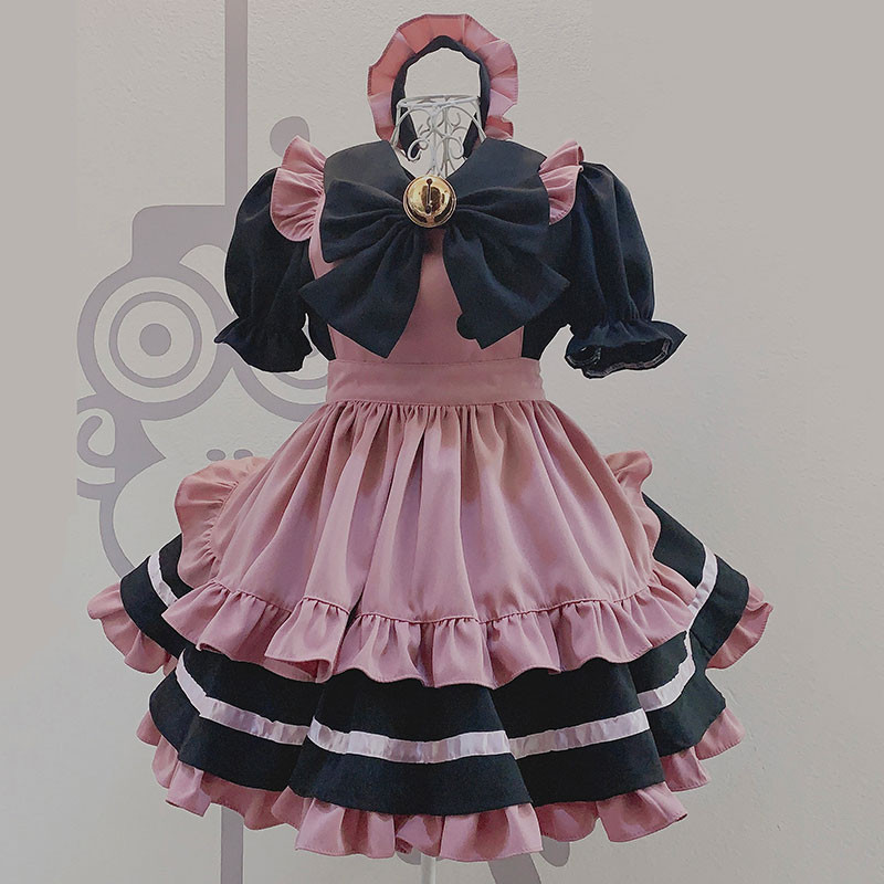 ピンク＋黒色　姫風　荷葉フリル　カフェメイド服　ロリータ　ドレス