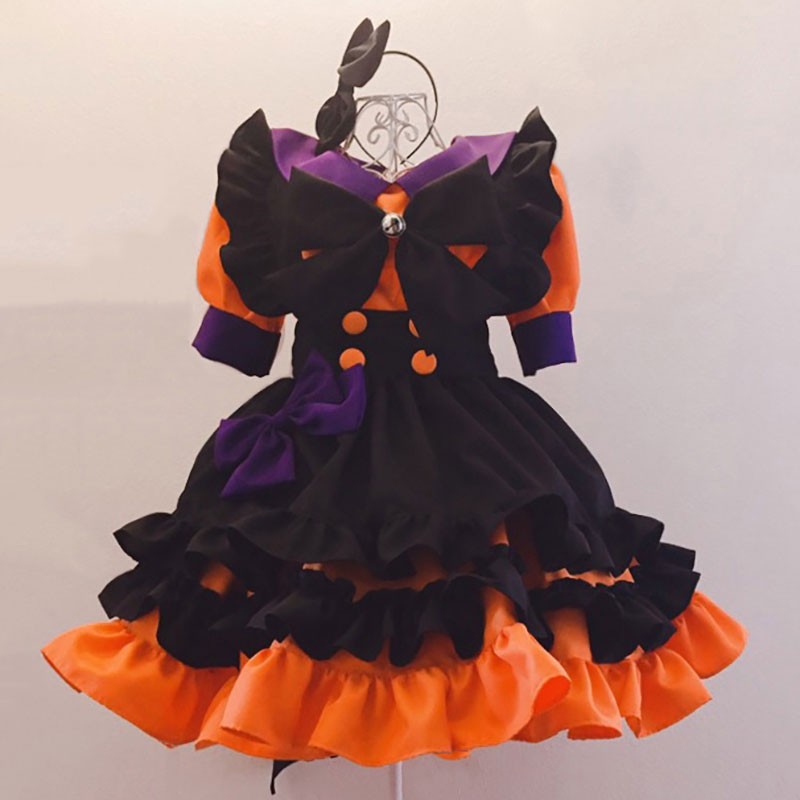 ハロウィンクリスマス　人気メイド服　黒エプロン＋銀色鈴　ワンピース