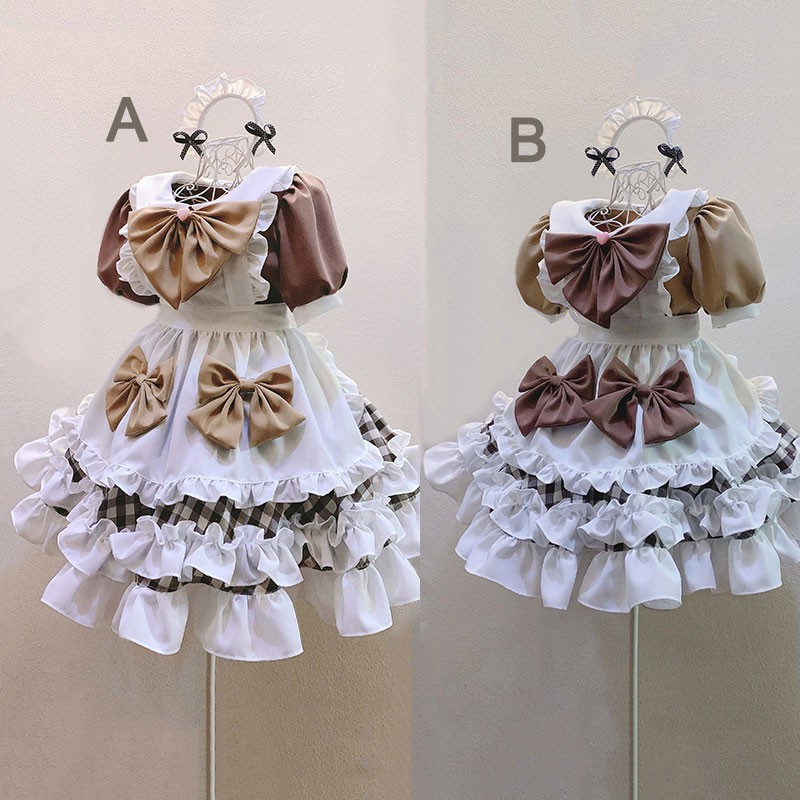 茶色＋黒白チェクメイド服　姫風　３個蝶結び　ワンピース