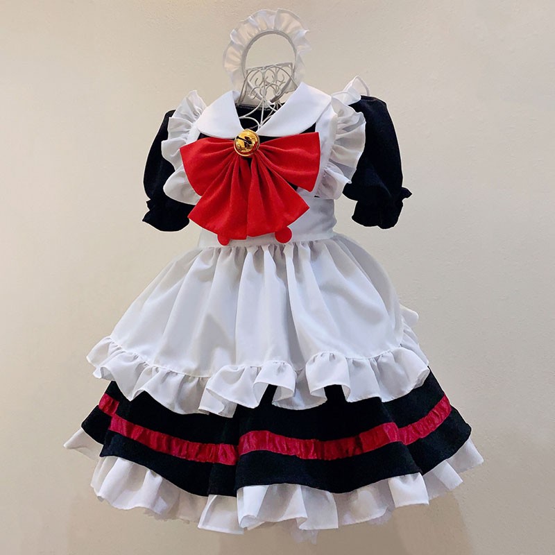 メイド服 オーダーメイド 鈴付き 赤色蝶結び 赤黒白 大きなリボン コスチューム