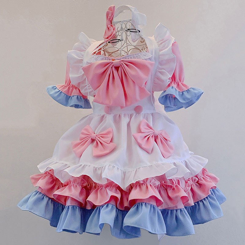 メイド服 オーダーメイド 大きなリボン ブルーピンク 萌え萌え 荷葉フリル コスチューム