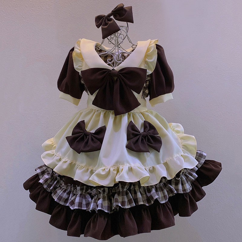 メイド服 オーダーメイド 喫茶店 荷葉フリル 格子縞 大きなリボン 黒黄色 コスチューム