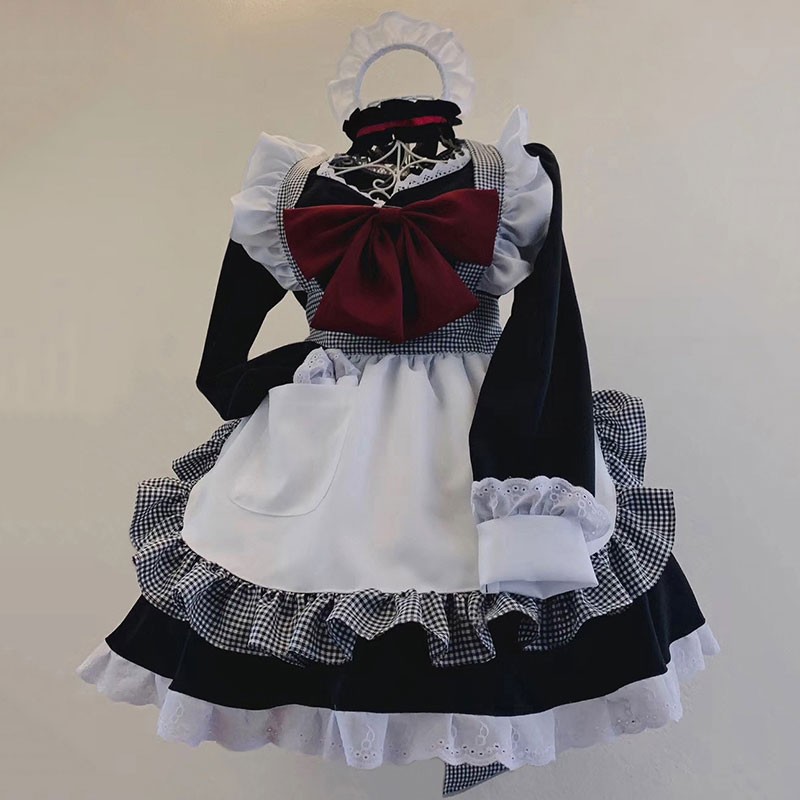 メイド服 オーダーメイド 白黒チェック柄 格子縞 ロング袖 赤色大きなリボン コスチューム