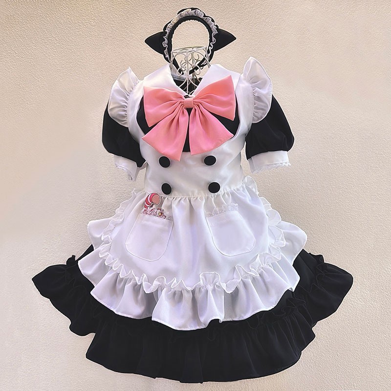 メイド服 撮影 変装 コスチューム オーダーメイド 白黒 ピンクなリボン 荷葉フリル