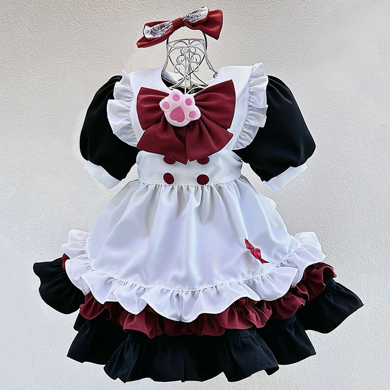 白黒メイド服 喫茶店 猫手柄飾り付 オーダーメイド 大きなリボン フォトジェニック