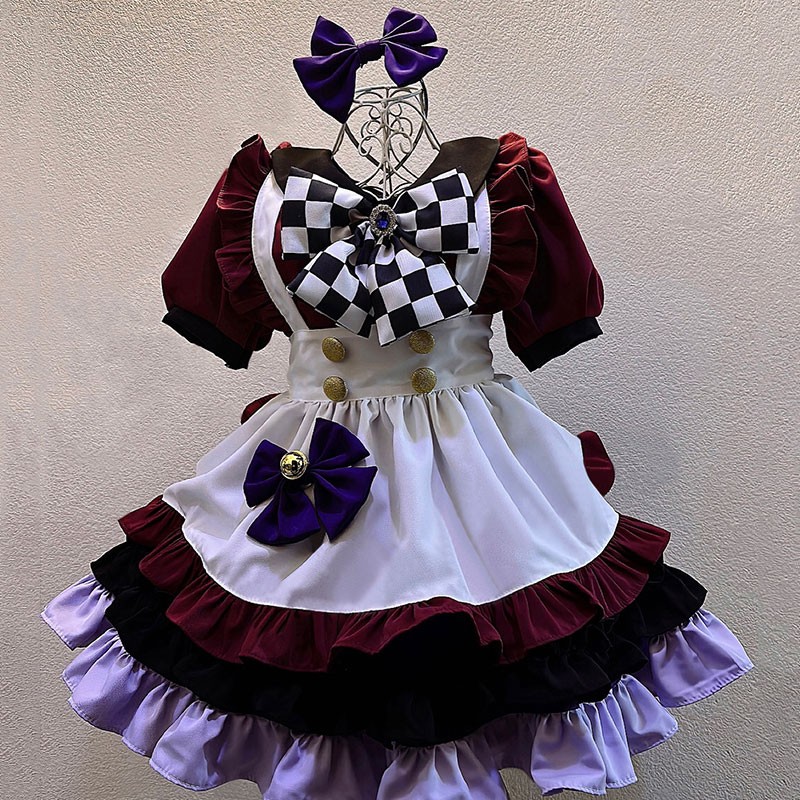 メイド服 撮影 ブルゴーニュ レッド お姫様 コスプレ衣装 格子縞蝶結び オーダーメイド コスチューム
