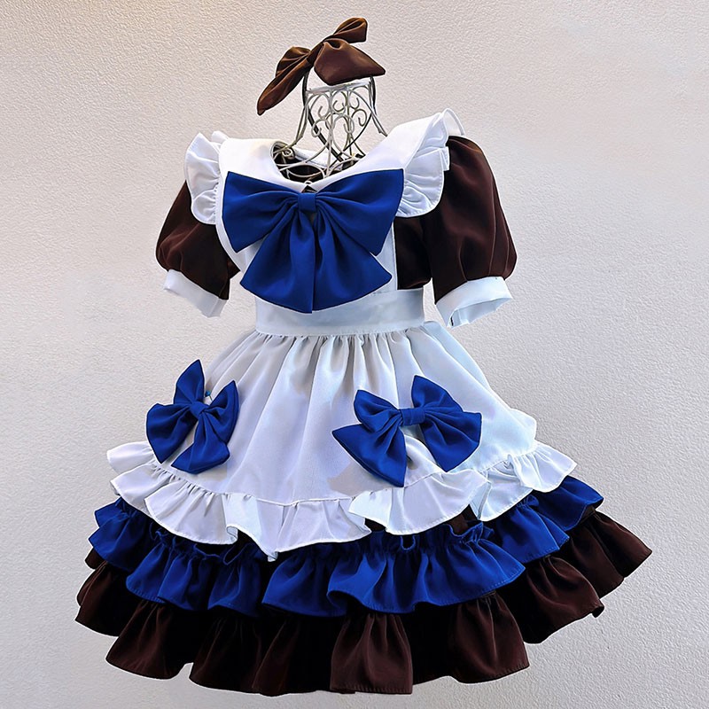 メイド服 撮影 オーダーメイド 喫茶店専用 ブルー蝶結び コスチューム 荷葉裾 コスプレ衣装