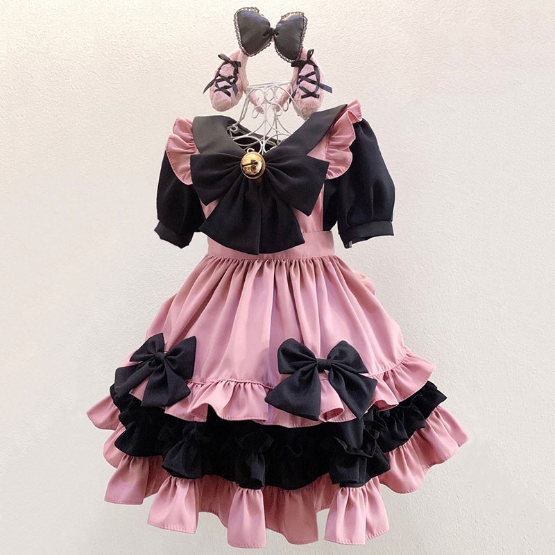 メイド服 スカート コスプレ衣装 オーダーメイド ピンクブラック コスチューム 鈴付き 喫茶店 撮影