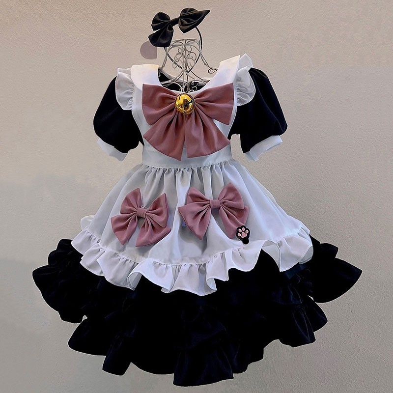 メイド服 可愛い コスプレ衣装 カーキ白黒 スカート 大きなリボン オーダーメイド 鈴付き コスチューム