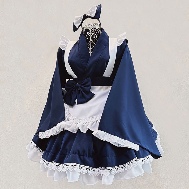 ハロウィン　和風メイド服　長袖　ネイビーブルー 着物 コスプレ 給仕係 和服 衣装