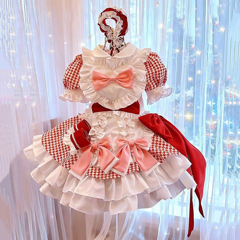 メイド服 赤格子 コスプレ衣装 仮装 女装 フリル ロリータ  カチューシャ 付き 豪華セット