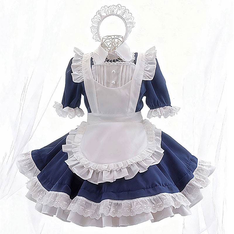 メイド服 コスプレ衣装 紺 Lolita 裾フリル ハロウィン 人気 仮装  カフェ コスチューム