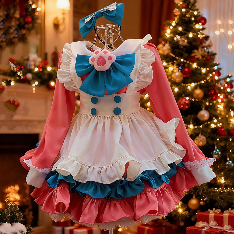 メイド服 長袖 裾フリル コスプレ衣装 猫手柄飾り付 学園祭 文化祭  クリスマス ハロウィン