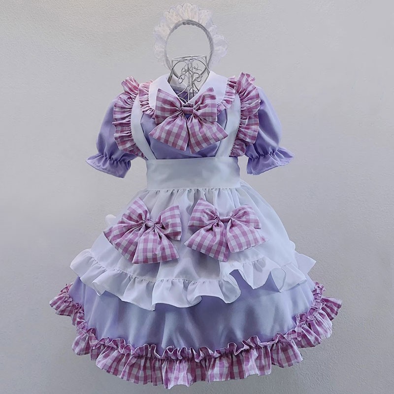 コスプレメイド服 コスプレ衣装メイド ミニスカート メイドカフェ衣装 メイドコス チェック 紫