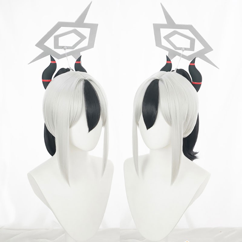 ブルーアーカイブ　鬼方カヨコ　ウイッグ　コスプレ　ポニーテール　銀髪　黒メッシュ　