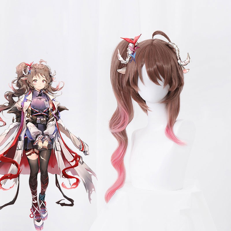 アークナイツ 純燼エイヤフィヤトラ ピンクのグラデーション ポニーテイル ミルクティーブラウン 可愛い コスプレかつら