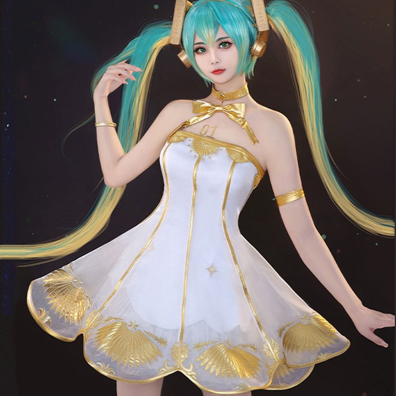 初音ミク　miku　コスチューム　シンフォニー　礼服　ワンピース　金色＋白色　華麗ー　ドレス