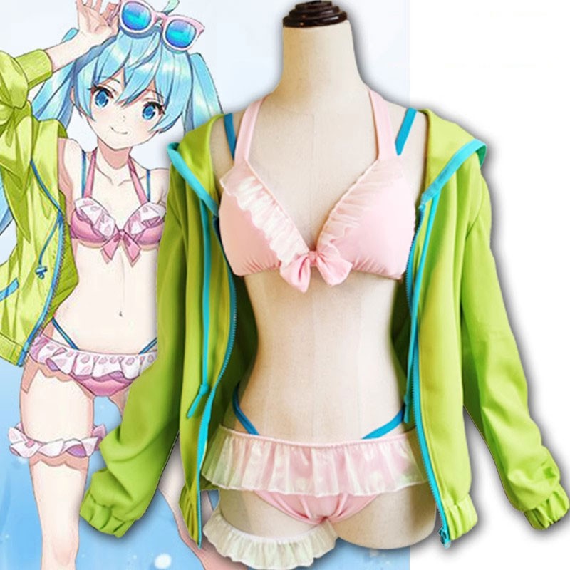 VOCALOID  ボーカロイド  初音ミク 夏服 水着 コスプレ衣装 ACG 可愛い  ピンク  緑色 スーツ