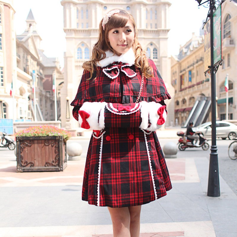 冬Lolitaロリータ　 フランス 学院クラシック　厚手赤黒格子 マント　ダブルボタン毛襟コート
