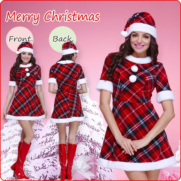 新品　ファッション　クリスマス服装　赤いチェック　ワンピース　コスチューム