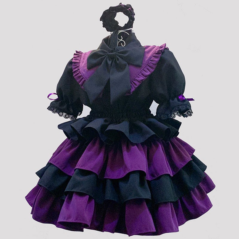 ハロウィン　メイド服　黒＋紫の配色　コスプレワンピース