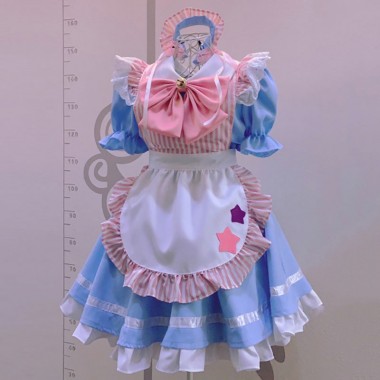 大人気メイド服　青色＋星柄　荷葉フリル　