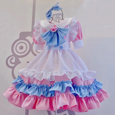 大人気メイド服　メイド服　肉球柄付き　青色蝶結び付け　フリル