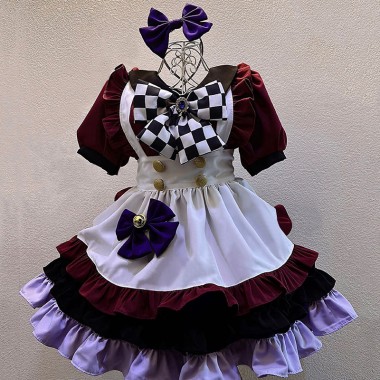 メイド服 撮影 ブルゴーニュ レッド お姫様 コスプレ衣装 格子縞蝶結び オーダーメイド コスチューム
