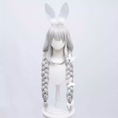 アズールレーン 三つ編み 蝶结び  シルバーホワイト ウサギの耳 かつら　コスプレウィッグ 髪飾り