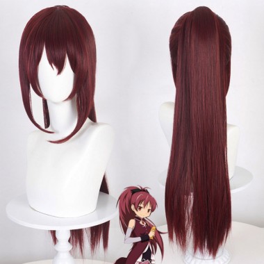 魔法少女まどか☆マギカ　佐倉杏子　ウイッグ　コスプレ用　ポニーテール　スーパーロング　赤色　小顔